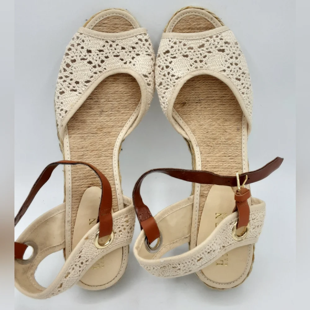 Lauren Ralph Lauren Cream and Brown Espadrille Wedges with Ankle Strap